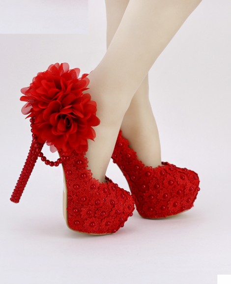 Giày cưới đỏ đính hoa hồng gót ngọc trai 8-14cm GCD31